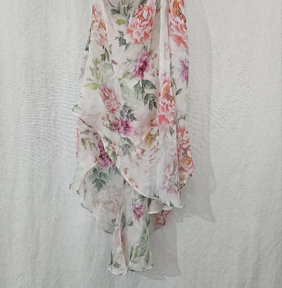 Sau Lee Frieda Silk Cowl Neck High Low Ruched Dress in White Pink Floral Size 4 - Picture 5 of 11